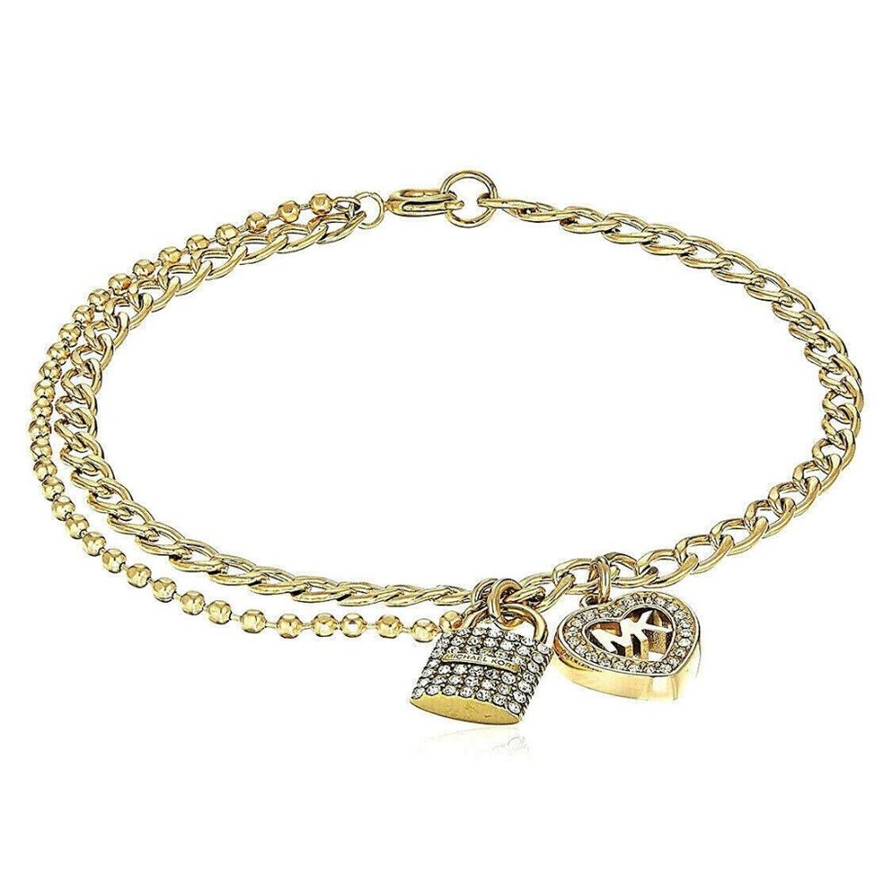 MICHAEL KORS MK Logo Heart & Crystal Padlock Yellow Gold Chain Bracelet
